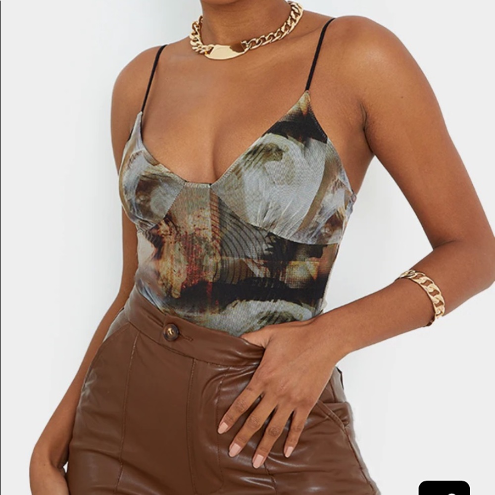 Nude Mesh Abstract Renaissance Print Bodysuit